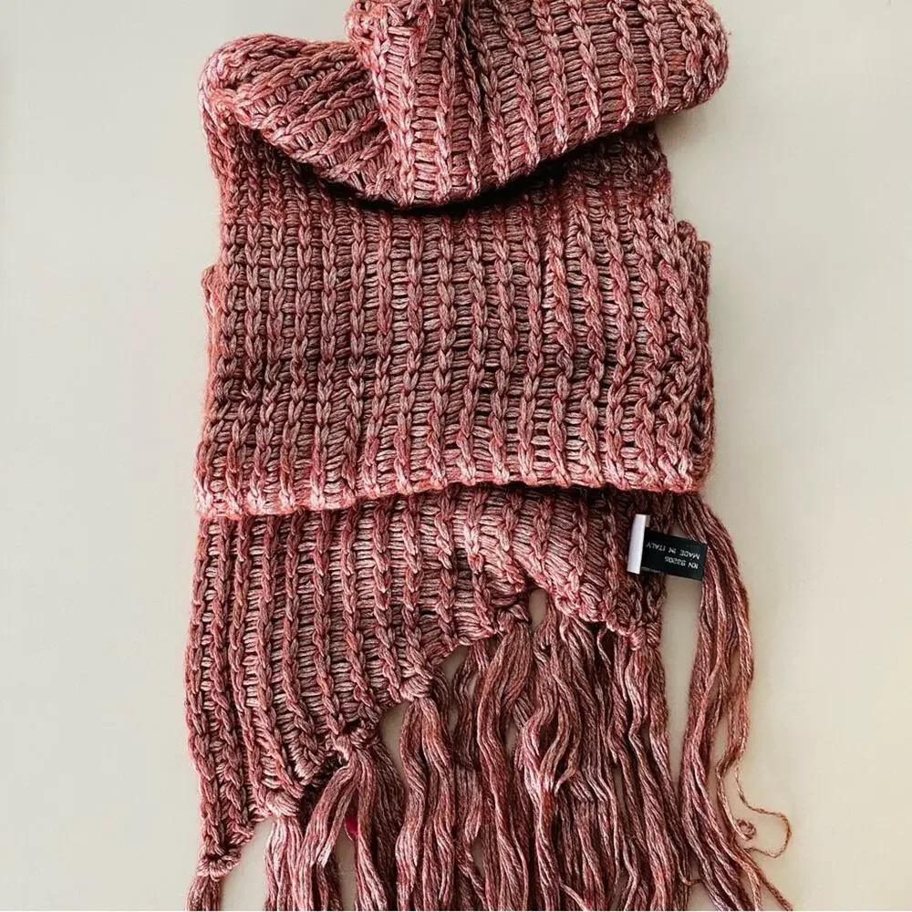 NEW NORDSTROM Maroon Red Silver Wool Chunky Knit Tassel Woven Classic Scarf Wrap